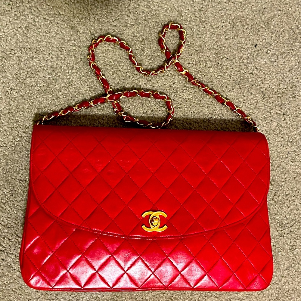 Authentic Chanel Red quilted Diana shoulder handbag